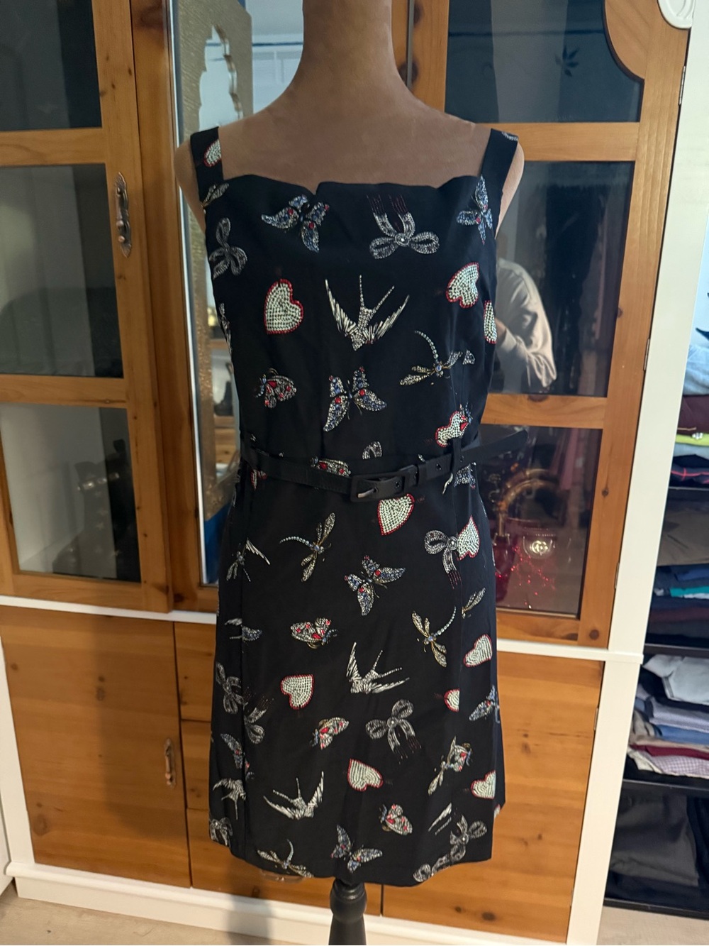 Maeve Black Sleeveless Midi Dress with Heart & Bird Print